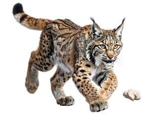Naklejka premium A close-up view of a running wild cat, displaying a blend of brown, black, and tan fur, ears pointed, and eyes focused, against a stark white backdrop