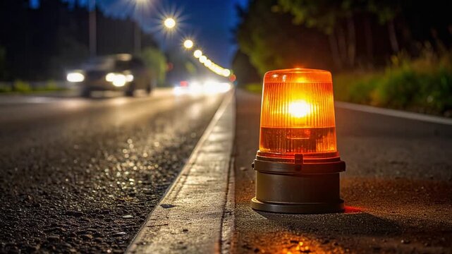 Flashing amber warning beacon sits beside a dark road surface