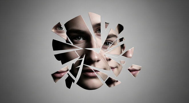 Shattered Face Composite: Fragmented Human Portrait, Identity Crisis Concept, Mental Health Symbolism