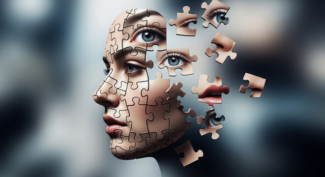 Woman's face assembled from puzzle pieces, symbolizing mind, memory, and identity, creative concept.