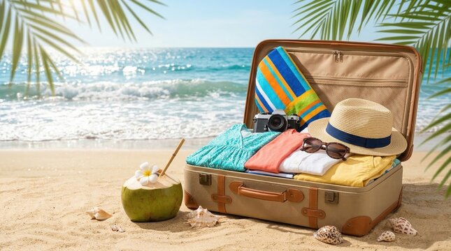 Valigia aperta sulla spiaggia con abiti cappello e noce di cocco. Generative AI