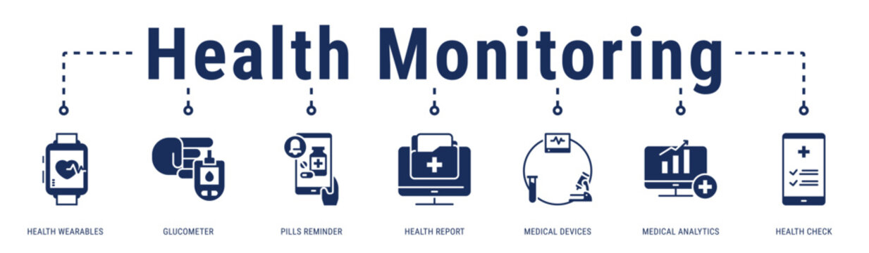 Health Monitoring web banner icon vector illustration featuring Health Wearables, Glucometer, Pills Reminder, Health Report, Medical Devices, Medical Analytics and Health Check