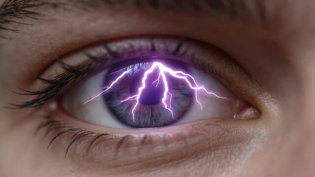 Close up of human eye with purple lightning effect digital energy glowing in iris