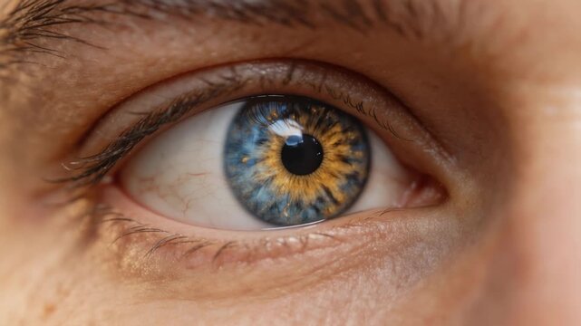 Close up of human eye with blue and brown iris showing detailed texture and natural eyelashes