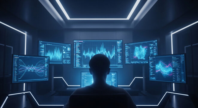 Man looking at multiple computer screens.
