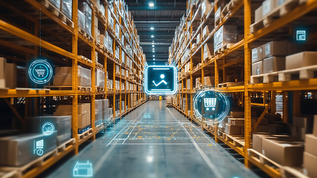 Modern warehouse with tall shelves and digital overlays. Boxes line shelves in organized rows. Holographic icons float above surfaces. Floor markings guide movement and storage