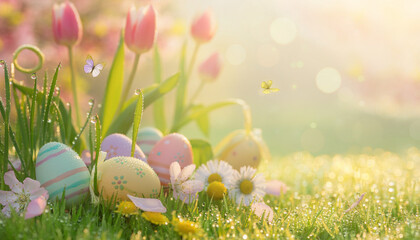 Fototapeta premium Beautiful Easter Sunday Background with Cross, Spring Flowers and Sunrise Light – Christian Resurrection Celebration