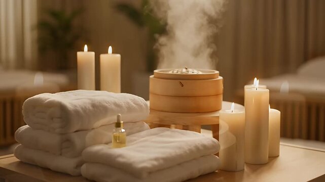 Serene Spa Scene with Steaming Diffuser, White Towels and Glowing Candles