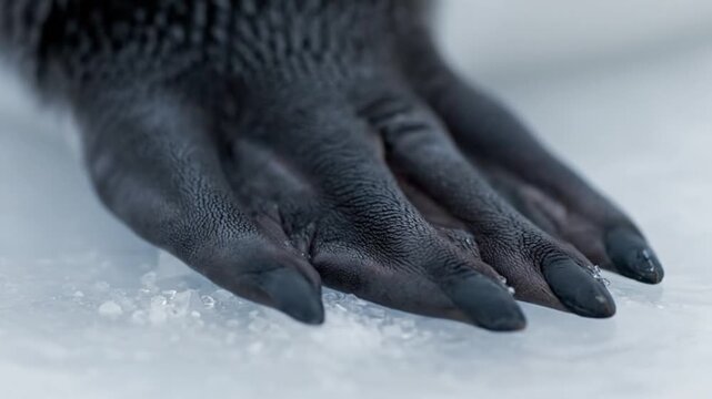 Close-up of a black bird's foot with sharp claws on snowy ground