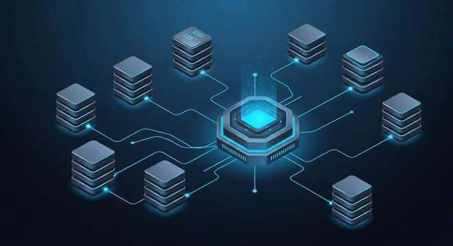Servers connected to central database.