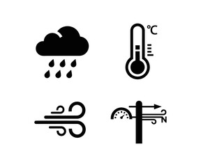 Naklejka premium Set of weather icons rain cloud, thermometer, wind, and weather vane for forecast and climate information