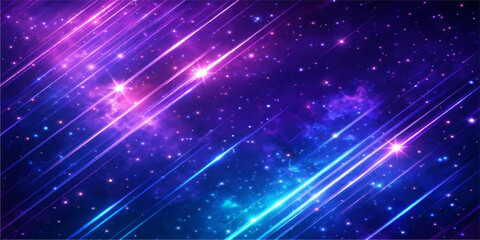 Obraz premium Abstract Purple Blue Light Streaks and Glowing Stars on Dark Cosmic Background