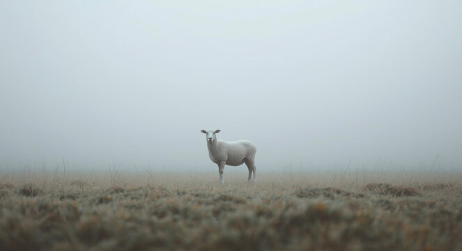 A sheep stands alone in an empty misty white field, minimalist background, soft mist, muted colors, soft natural lighting, calm and reflective atmosphere.
