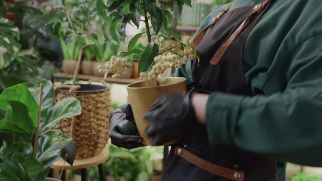 A professional gardener in a lush plant store inserts a soil moisture meter carefully into the pot of a thriving houseplant. 