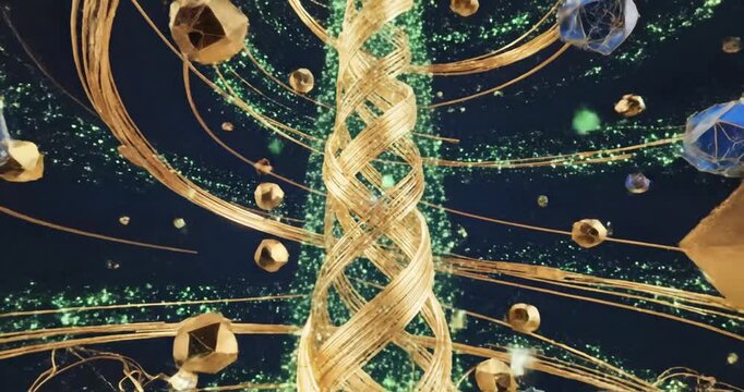 Abstract geometric shapes spiraling around a glowing tree structure in a dark background