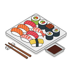 A plate of assorted sushi and maki rolls. © Omah