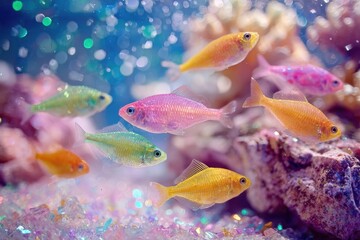 Colorful School of Tropical Fish Swimming Gracefully Amidst Vibrant Underwater Scene with Sparkling Lights and Shimmering Stones in a Beautiful Aquarium Setting