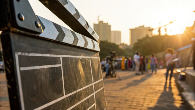 Film clapperboard in Indian film city Mumbai during sunset with people in background creating cinematic atmosphere