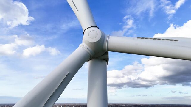 towering wind turbine viewed below three blades radiating central hub against vibrant blue sky soft white clouds scale clean energy infrastructure to from broad 