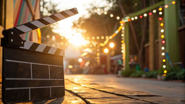 Film clapperboard rests on wooden surface in vibrant Indian film city of Mumbai with colorful lights and warm sunset in background