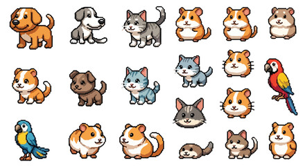 Obraz premium A collection of cute pixel-art pets and animals, including various dogs, cats, hamsters, and parrots, displayed on a white background.
