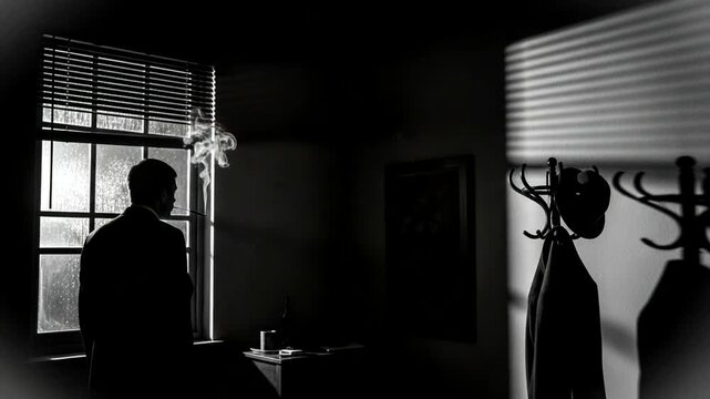 Man smoking alone by window in dark moody room with shadows.