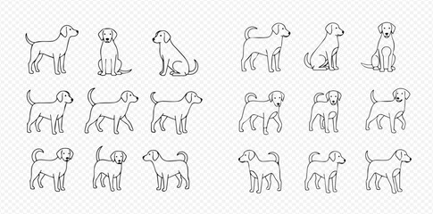 Set of line art dog illustrations in various poses, including standing, sitting, and walking, suitable for pet-related designs and icons.