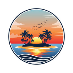 Fototapeta premium Tropical island sunset with palm trees and flying birds within a circle