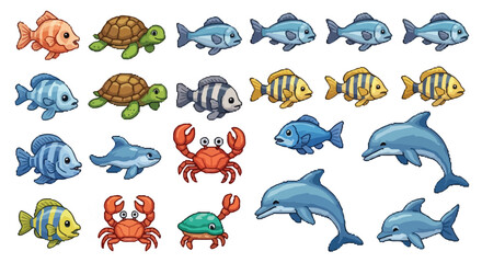 This image displays a collection of diverse pixel-art style marine and aquatic animals, including various fish, turtles, crabs, and dolphins. © Aqil Art
