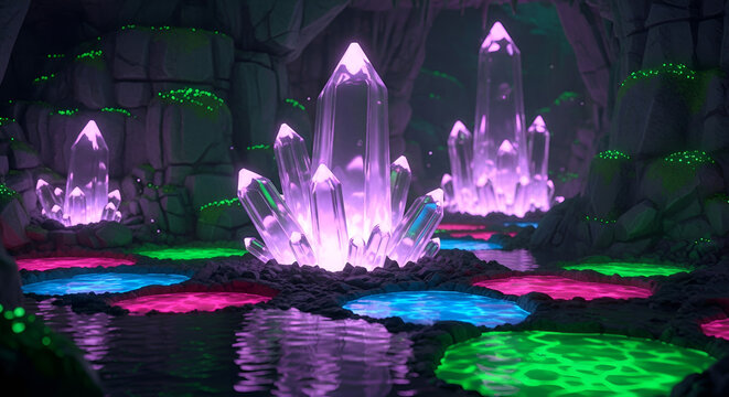 Abiotic Crystal Cavern with Glowing Mineral Pools