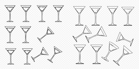 Set of martini glasses, some standing upright and some tilted, on a transparent background. © Akun