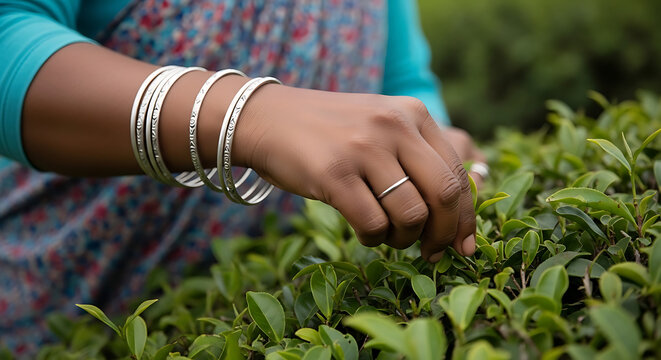 A close-up of a person's hands with silver bangles picking fresh green tea leaves from a bush in a plantation.