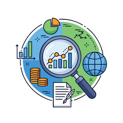 Fototapeta premium Magnifying glass examines graph, coins, pie chart, globe, and document