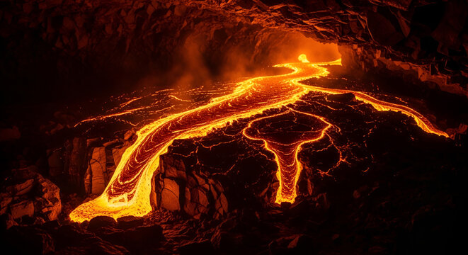 Molten Lava Flowing in an Abiotic Underground Environment