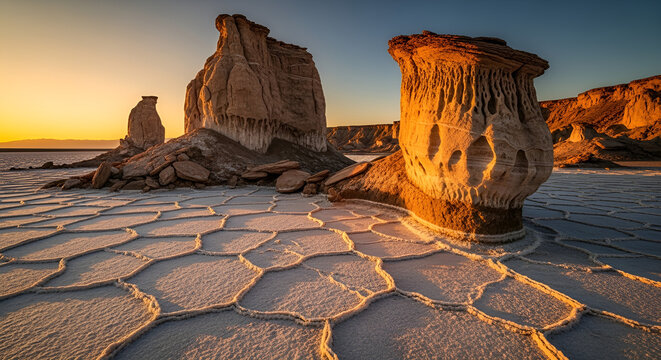 Abiotic Landscape of Salt Flats and Rock Formations at Sunset