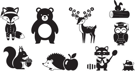 Black and white cartoon animals in various poses and activities 4