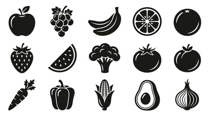 Set of Minimalist Fruit and Vegetable Black Icons, Healthy Organic Food Symbols for Grocery, Cooking, and Nutrition Design © indah