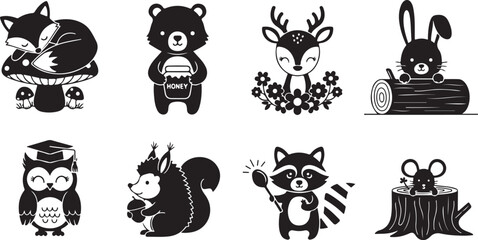 Black and white cartoon animals in various poses and activities 2 © Shihab SR