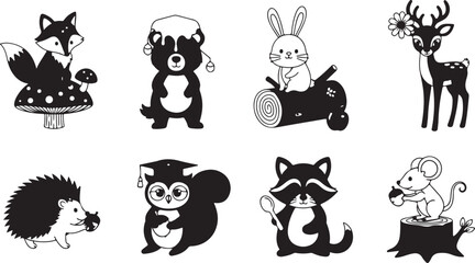Obraz premium Black and white cartoon animals in various poses and activities