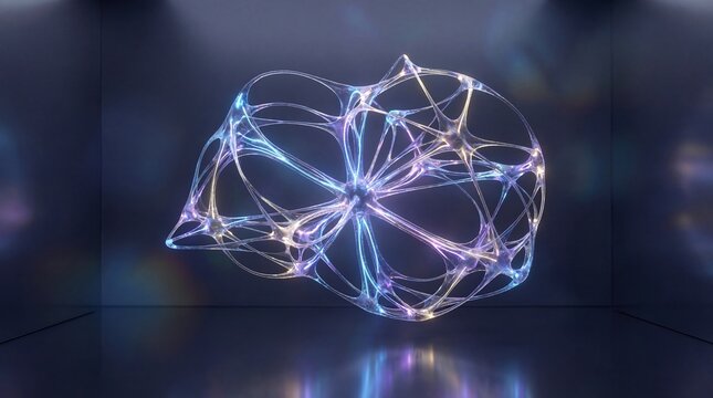 Abstract glowing neural network structure resembling brain synapses floating in dark space representing artificial intelligence deep learning and complex data connection technology concept