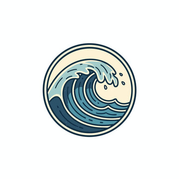 Stylized ocean wave cresting within a circular border