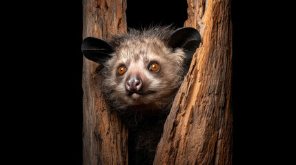 Fototapeta premium close-up of an aye-aye peeking between two tree trunks against a black background.