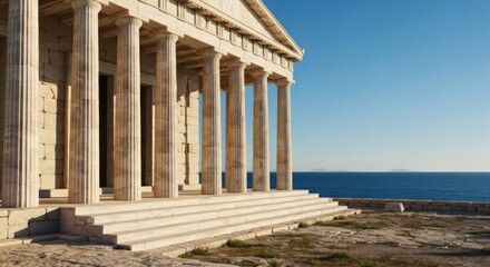 Fototapeta premium A classical temple with tall columns on a sunny seaside cliff