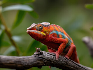 Fototapeta premium colorful chameleon with vibrant red, orange, and blue hues perched on a branch, blending into the lush green background.