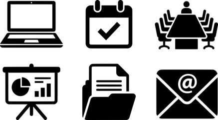 A collection of black icons depicting various business and office productivity related activities Vector © Mehedi
