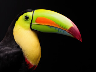 Fototapeta premium close-up profile of a toucan with a vibrant, multicolored beak against a black background.