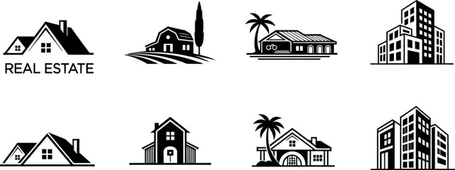 Naklejka premium A comprehensive collection of black and white real estate icons featuring various residential and commercial buildings for property design.