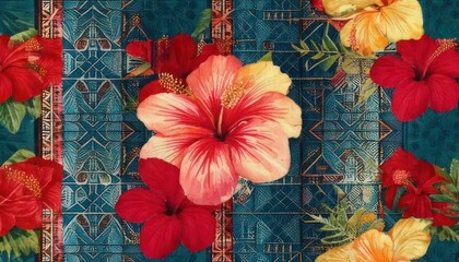 Vibrant floral pattern with hibiscus flowers on a textured background.
