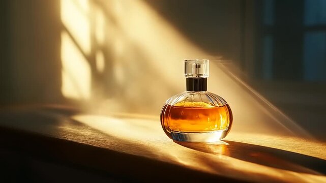 Elegant perfume bottle bathed in warm sunlight on a wooden surface.