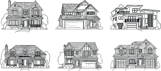 Naklejka premium A collection of six detailed black and white line art illustrations showcasing various residential house architectural styles and designs.